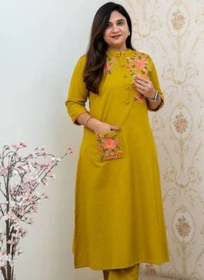 Mustard yellow embroidered cotton kurta and pant set 2