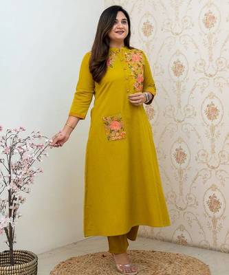 Mustard yellow embroidered cotton kurta and pant set 3