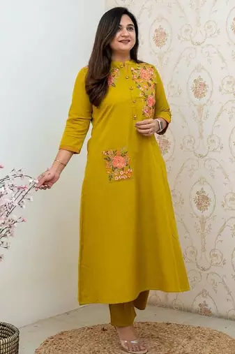 Mustard yellow embroidered cotton kurta and pant set