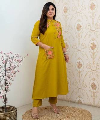 Mustard yellow embroidered cotton kurta and pant set 4