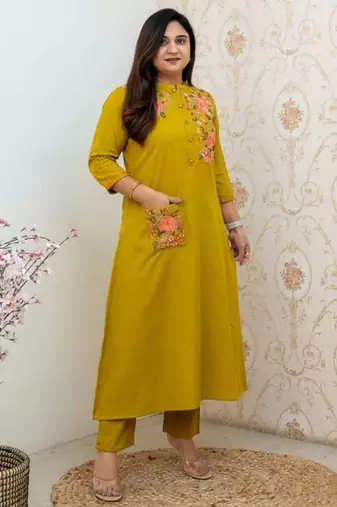 Mustard yellow embroidered cotton kurta and pant set