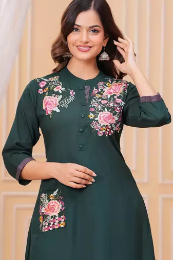 Dark green embroidered cotton kurta and pant set