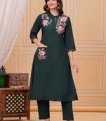 Dark green embroidered cotton kurta and pant set