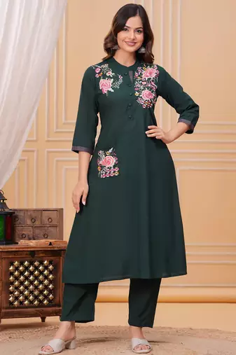 Dark green embroidered cotton kurta and pant set