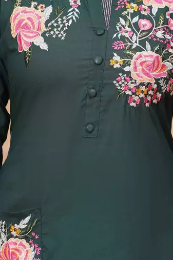 Dark green embroidered cotton kurta and pant set