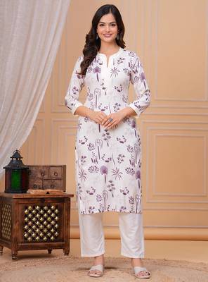 Purple white printed cotton kurta and pant set 1
