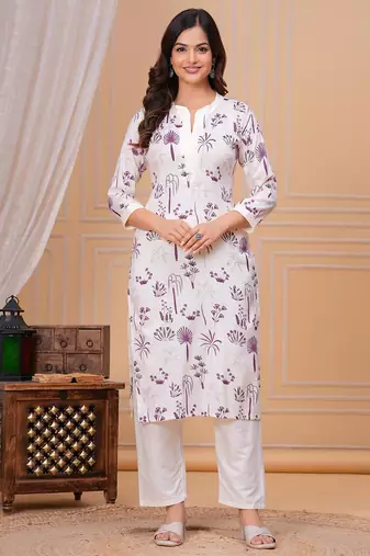 Purple white printed cotton kurta and pant set