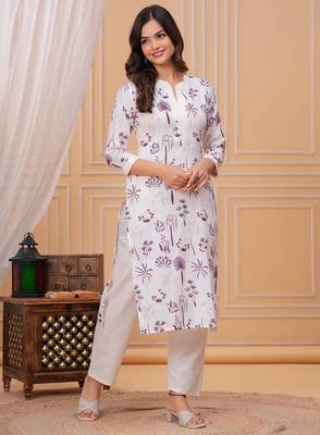 Purple white printed cotton kurta and pant set 3
