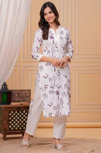 Purple white printed cotton kurta and pant set