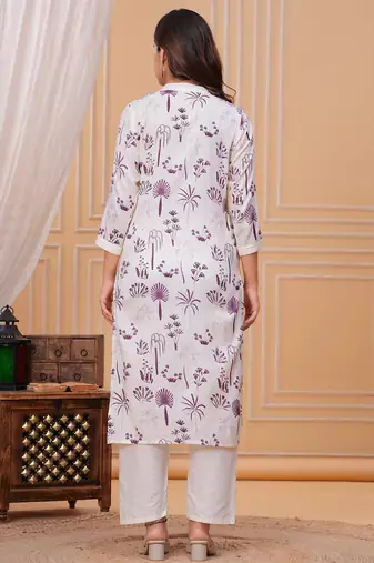 Purple white printed cotton kurta and pant set