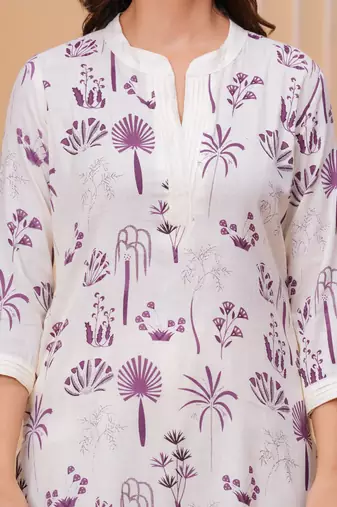 Purple white printed cotton kurta and pant set