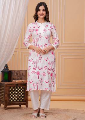 Pink white printed cotton kurta and pant set 1