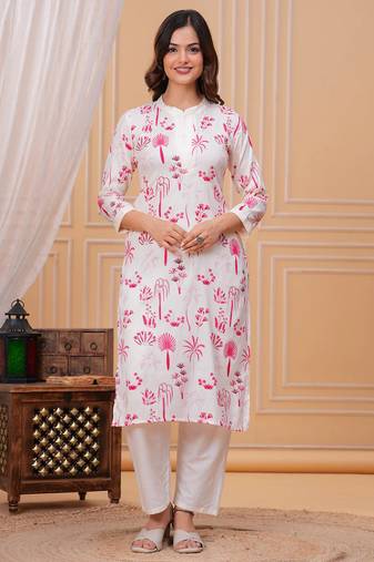 Pink white printed cotton kurta and pant set