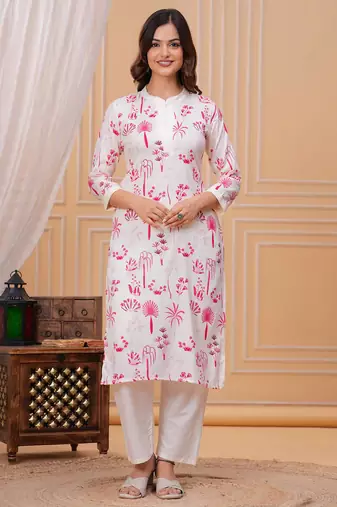 Pink white printed cotton kurta and pant set