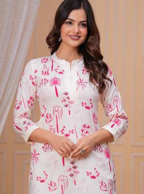 Pink white printed cotton kurta and pant set 2