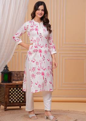 Pink white printed cotton kurta and pant set 3