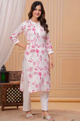 Pink white printed cotton kurta and pant set