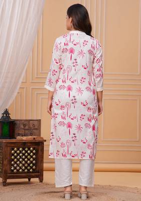 Pink white printed cotton kurta and pant set 4