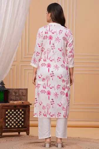 Pink white printed cotton kurta and pant set