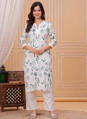 Blue white printed cotton kurta and pant set 1