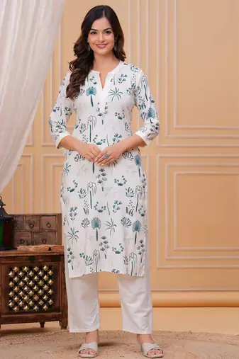 Blue white printed cotton kurta and pant set