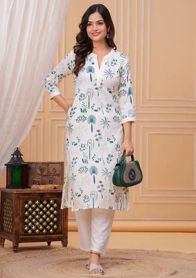 Blue white printed cotton kurta and pant set 2