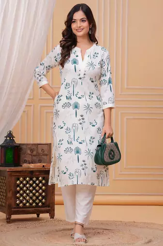 Blue white printed cotton kurta and pant set