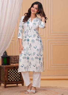 Blue white printed cotton kurta and pant set 3