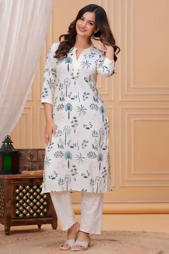 Blue white printed cotton kurta and pant set