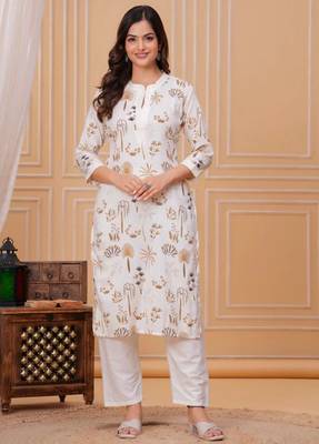 Golden white printed cotton kurta and pant set 1