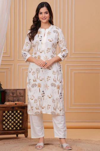 Golden white printed cotton kurta and pant set