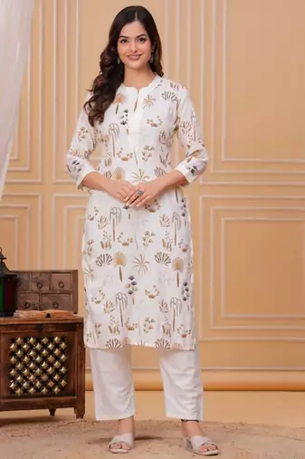 Golden white printed cotton kurta and pant set