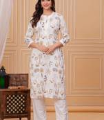 Golden white printed cotton kurta and pant set