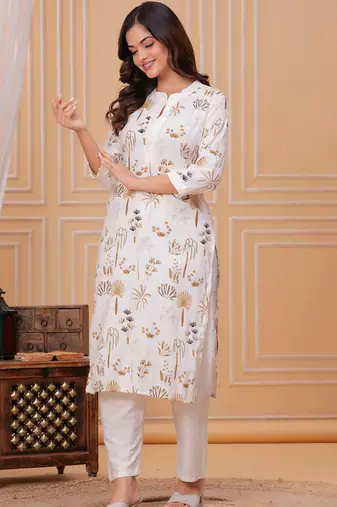 Golden white printed cotton kurta and pant set