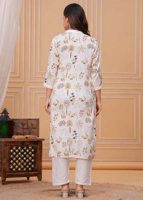 Golden white printed cotton kurta and pant set 4