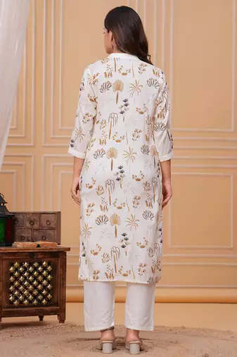 Golden white printed cotton kurta and pant set