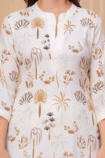 Golden white printed cotton kurta and pant set