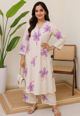 Off white floral printed cotton kurta and palazzo set 1