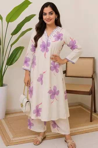 Off white floral printed cotton kurta and palazzo set