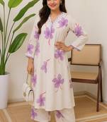 Off white floral printed cotton kurta and palazzo set