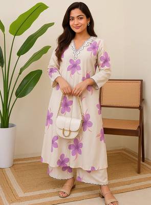 Off white floral printed cotton kurta and palazzo set 2