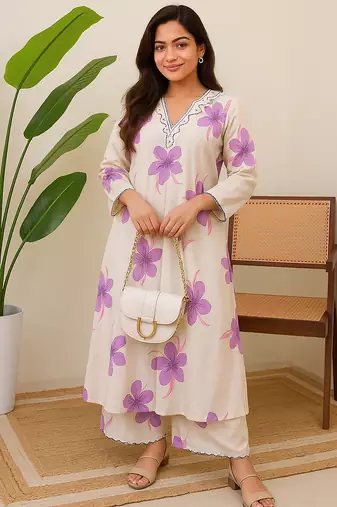 Off white floral printed cotton kurta and palazzo set