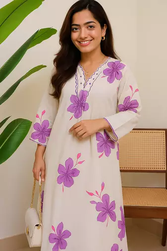 Off white floral printed cotton kurta and palazzo set