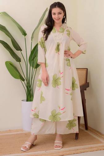 Off white floral printed cotton kurta and palazzo set