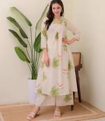Off white floral printed cotton kurta and palazzo set