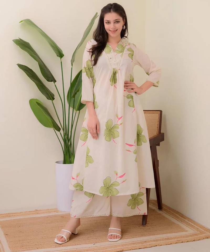 Off white floral printed cotton kurta and palazzo set