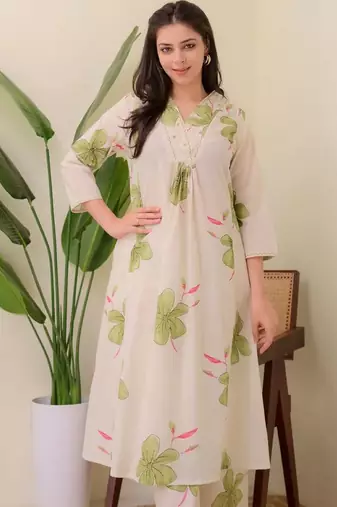 Off white floral printed cotton kurta and palazzo set