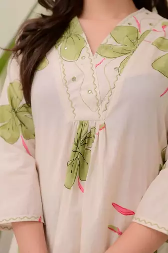 Off white floral printed cotton kurta and palazzo set