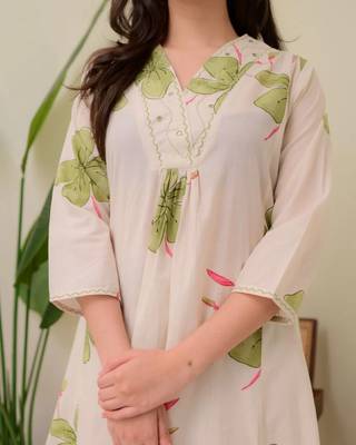 Off white floral printed cotton kurta and palazzo set 4