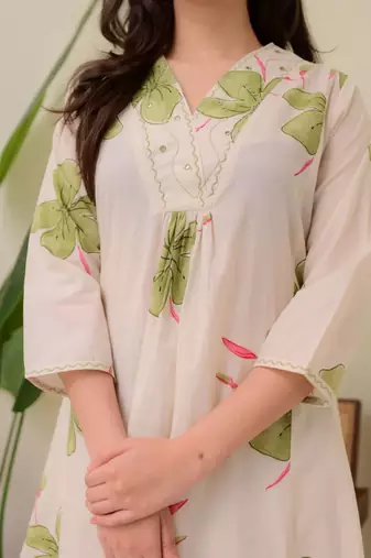 Off white floral printed cotton kurta and palazzo set